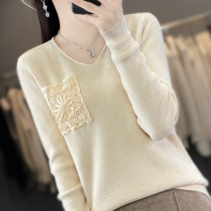 Women's Cashmere-Look V-Neck Sweater with Floral Crochet Appliqué Mune Fashion