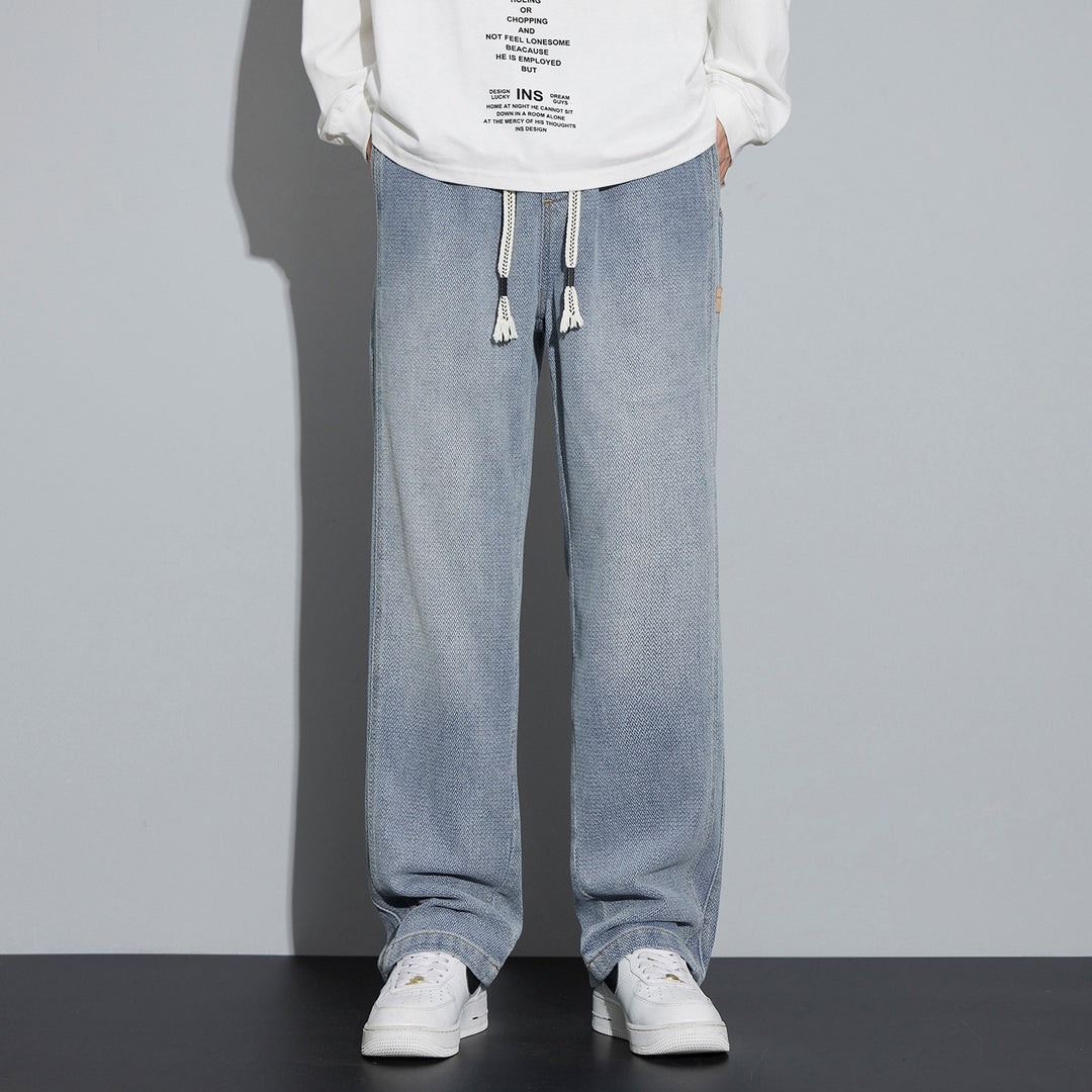 Men's Wide Denim Jogging Pants with Woven Drawstring and Herringbone Texture Mune Fashion