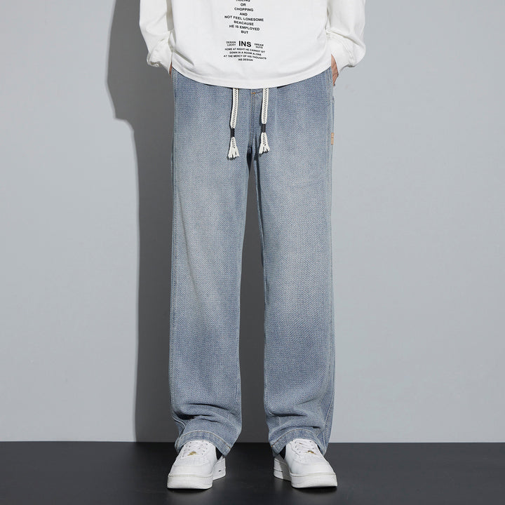 Men's Wide Denim Jogging Pants with Woven Drawstring and Herringbone Texture Mune Fashion