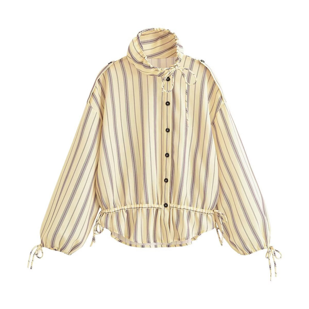 Women Striped Blouse Jacket with Ruffle Collar, Drawstring and Balloon Sleeves Drune