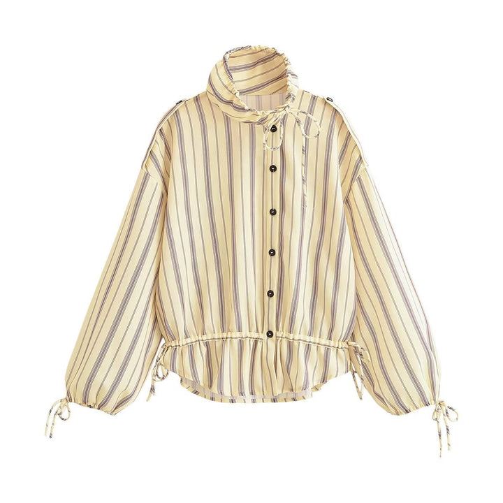 Women Striped Blouse Jacket with Ruffle Collar, Drawstring and Balloon Sleeves Drune