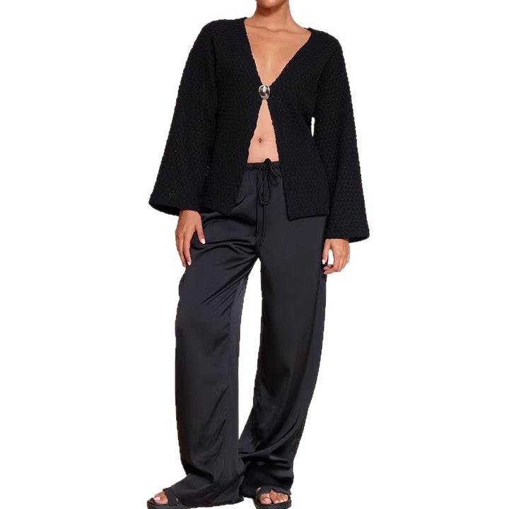 Women’s Structured Waffle Knit Cardigan with Deep V-Neck, Single Button Closure, and Casual Oversized Sleeves Drune