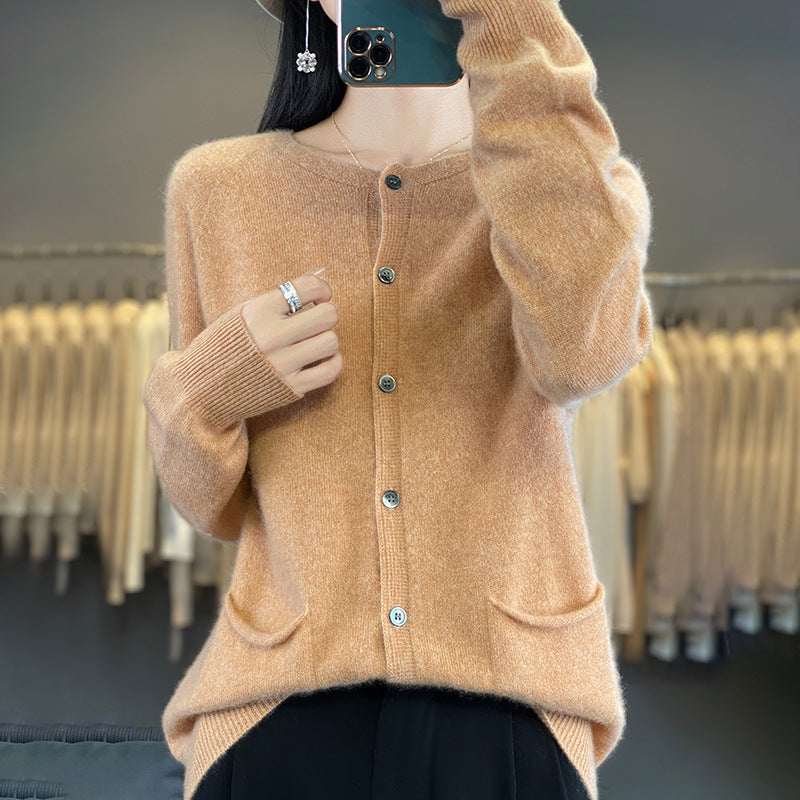 Women's Long Fine Knit Cardigan with Round Neck, In-seam Pockets and Alpaca Mix Mune Fashion