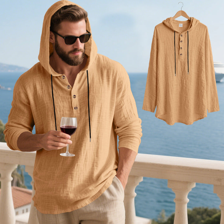 Men's casual hooded Henley shirt in linen look with continuous button placket and relaxed fit Mune Fashion