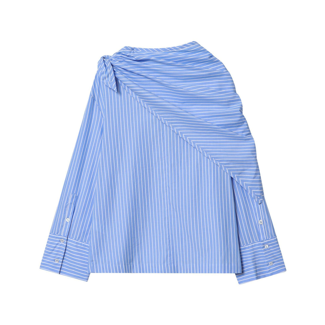 Women's cotton blouse with shoulder-detailed draped shawl collar and wide cuffs Mune Fashion
