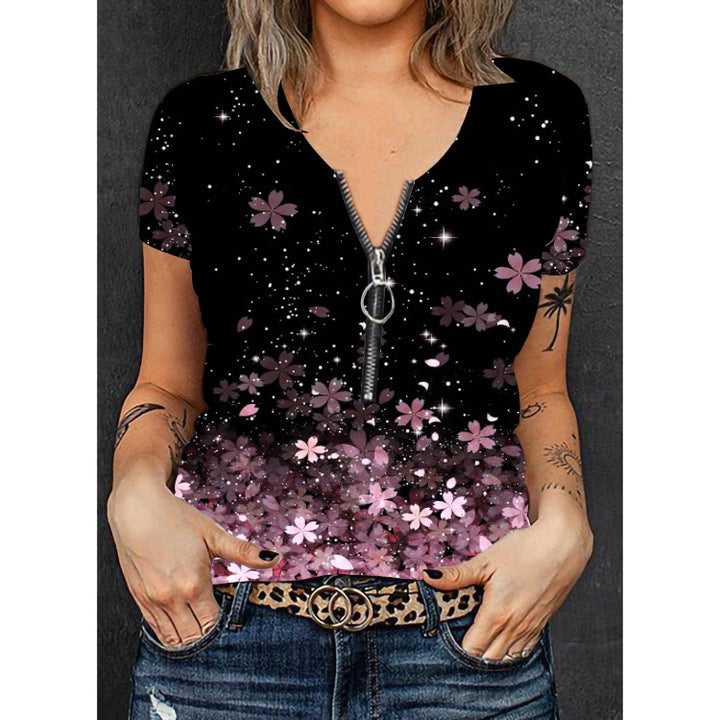 Women's Fashion T-Shirt with Zipper and Floral Design Mune Fashion