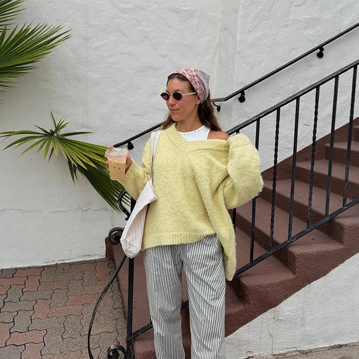 Women's Oversized Plush Sweater with Deep V-Neck and Voluminous Sleeves Mune Fashion
