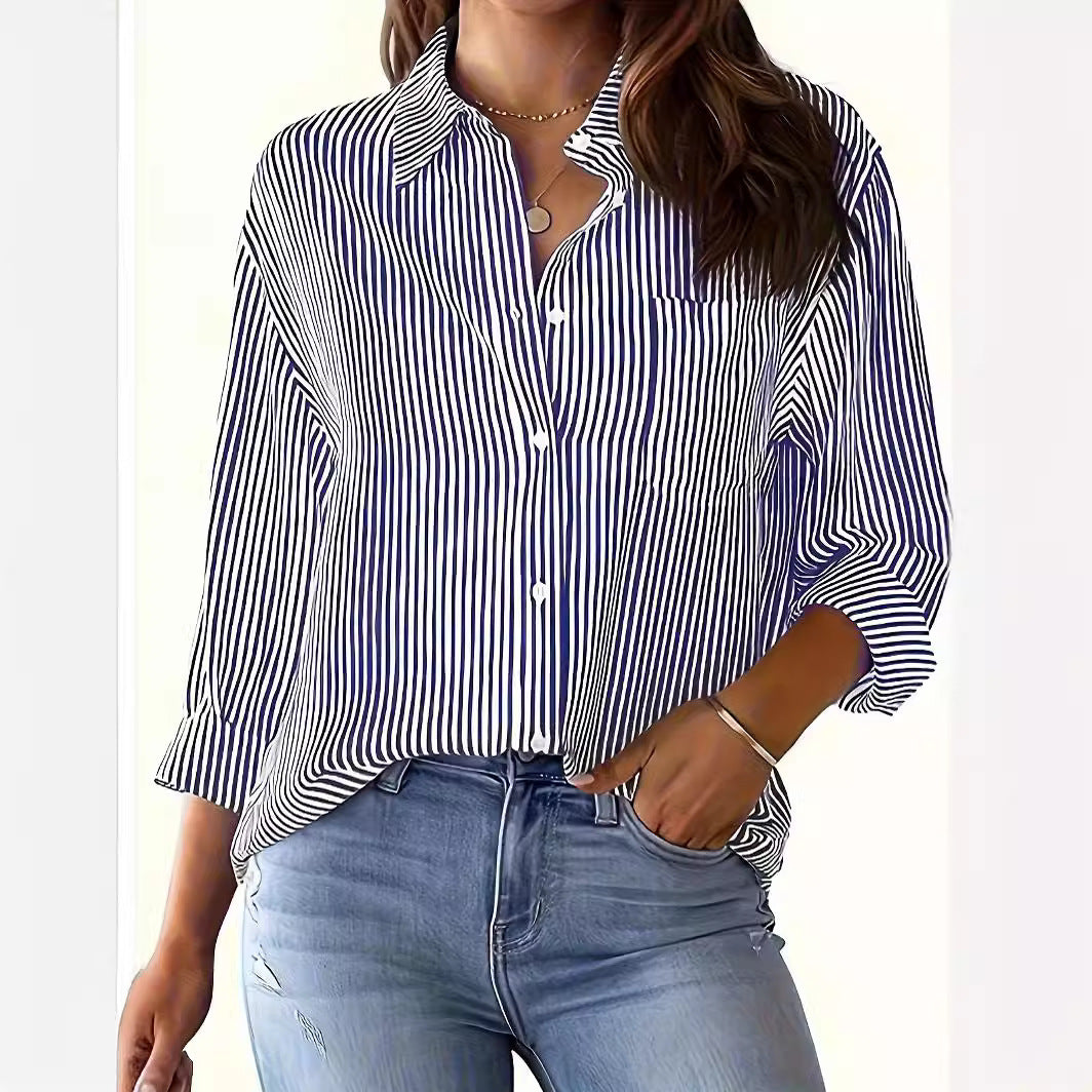 Women's Lightweight Oversized Shirt Blouse with Vertical Stripes, Kent Collar and Three-Quarter Sleeves Mune Fashion