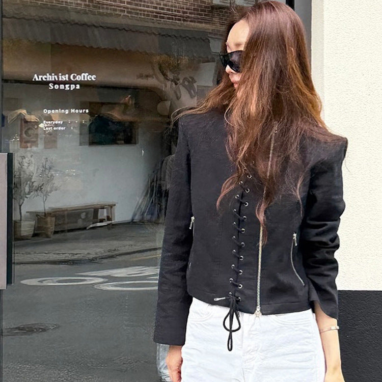 Women's Short Cut Lace-Up Biker Jacket with Asymmetrical Zipper Mune Fashion