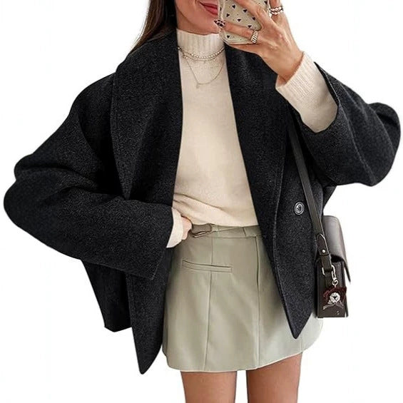 Women's Short Cut Boxy Wool Coat with Shawl Collar and Dropped Shoulder Drune