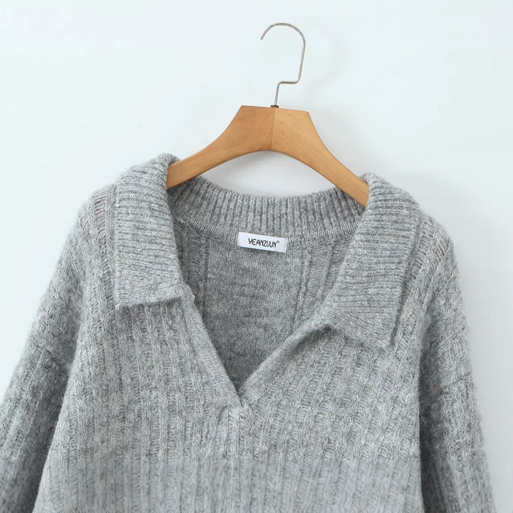 Women's Oversized Chunky Knit Set with Polo Collar and Midi Skirt Mune Fashion