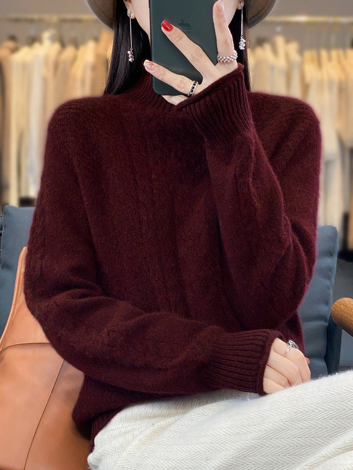 Women's Soft Cable Knit Mock Neck Sweater with Cashmere-like Feel and Extended Ribbed Cuffs Mune Fashion