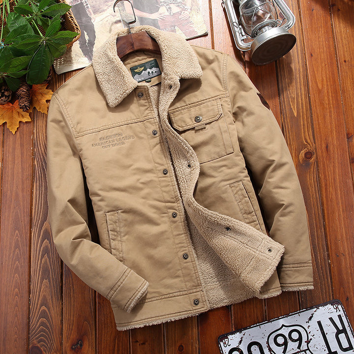 Men's robust canvas trucker jacket with full Sherpa lining and concealed snap button placket Mune Fashion