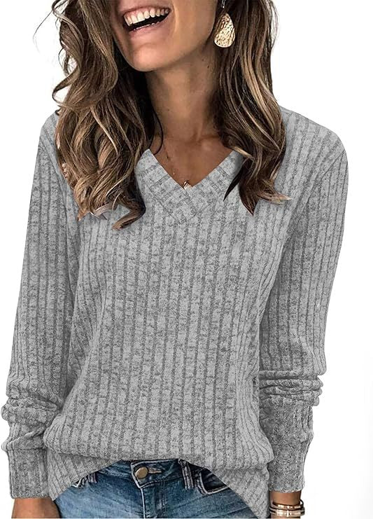 Women's Ribbed V-Neck Fine-knit Sweater with Casual Oversized Fit Mune Fashion