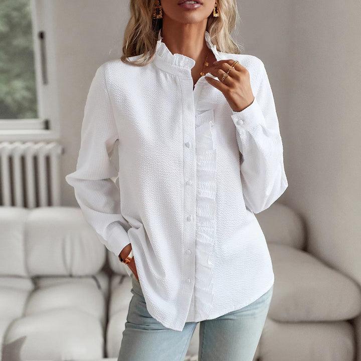 Women's nano structured blouse with ruffle button placket and stand-up collar Mune Fashion