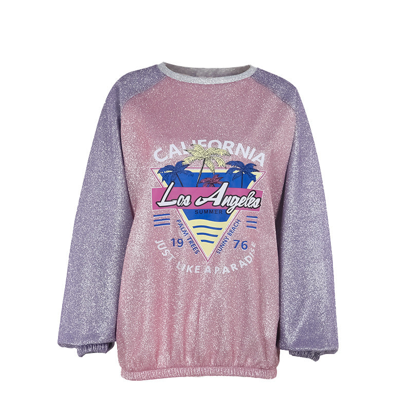 Damen Glitzerndes Oversize-Sweatshirt mit Raglanärmeln und Retro-Los-Angeles-Print Mune Fashion