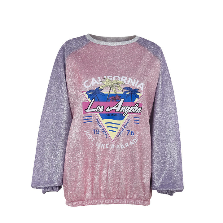 Damen Glitzerndes Oversize-Sweatshirt mit Raglanärmeln und Retro-Los-Angeles-Print Mune Fashion