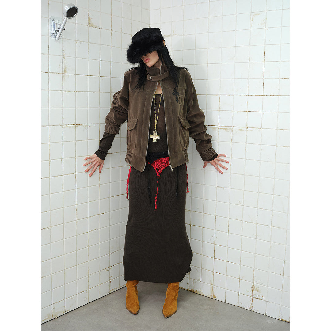 Men's short cut velour blouson jacket with funnel collar, patch pockets, and decorative cross application Mune Fashion