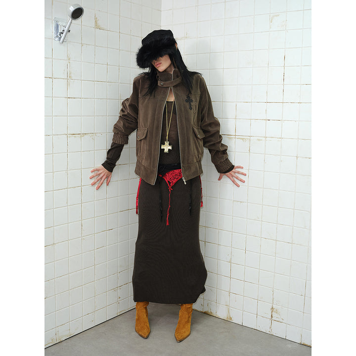 Men's short cut velour blouson jacket with funnel collar, patch pockets, and decorative cross application Mune Fashion