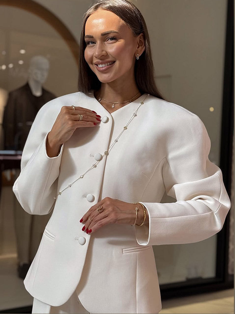 Women Short Blazer with Sculptural Shoulder, Rounded Neckline and Concealed Button Placket Mune Fashion