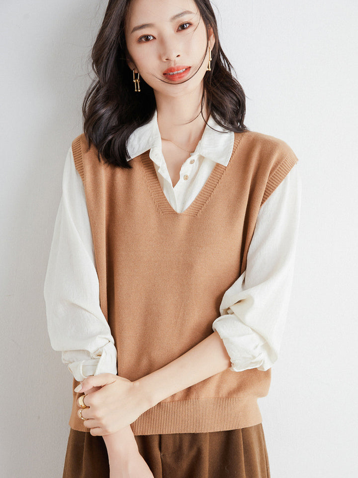Women's Oversized V-neck Fine Knit Vest with Ribbed Hem Mune Fashion