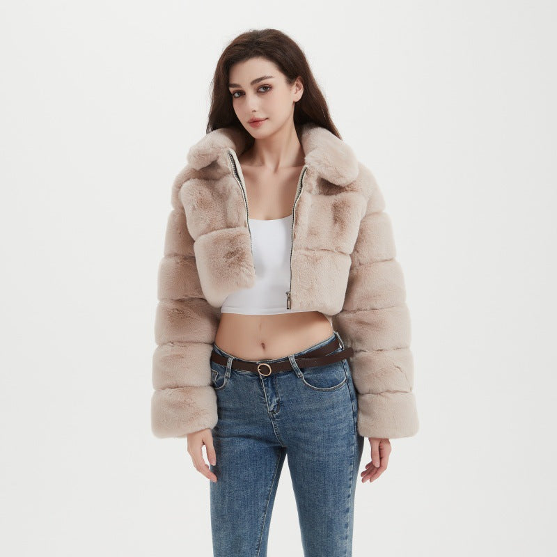 Women Cropped Faux Fur Jacket with Horizontal Volume Panels, Stand-Up Lapel Collar and Zipper Mune Fashion