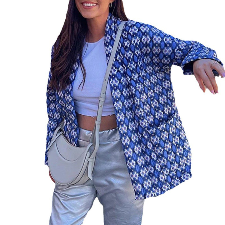 Women's Patterned Kimono Quilted Jacket with Open Front and Patch Pockets Mune Fashion