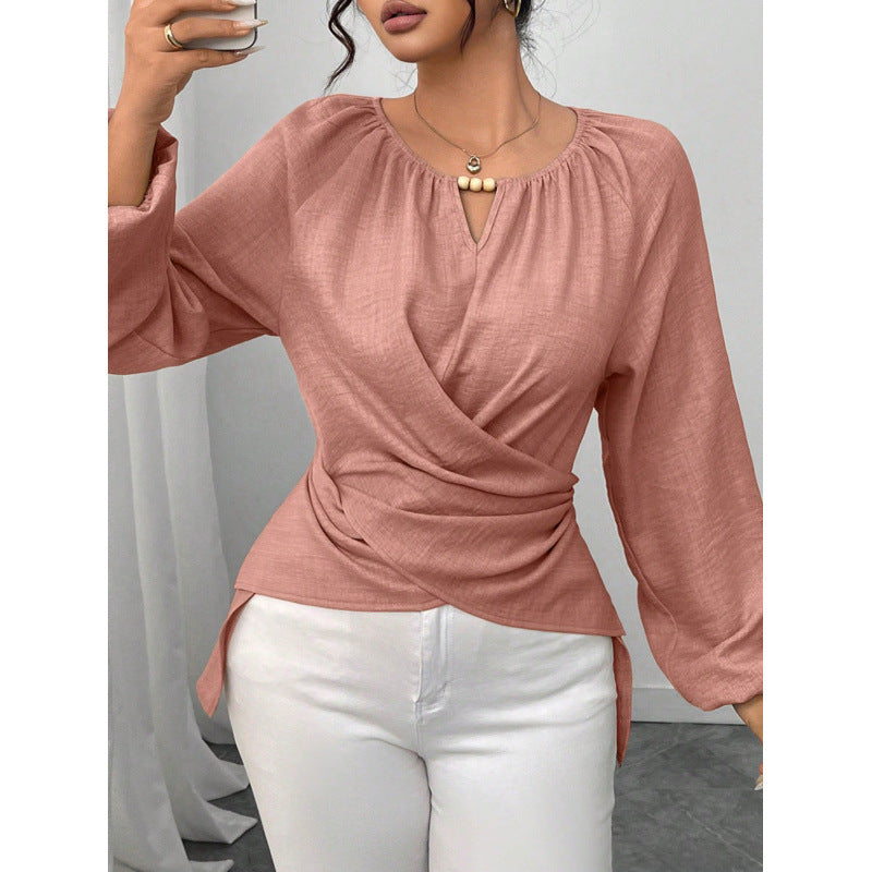 Women Tailored Wrap Blouse with Pearl Detail and Balloon Sleeves Mune Fashion