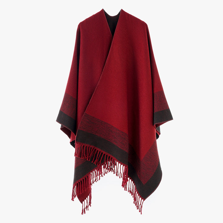 Women's Rectangular Wool Blend Poncho with Open Front, Fine Overlock Stitching and Fringed Hem Mune Fashion