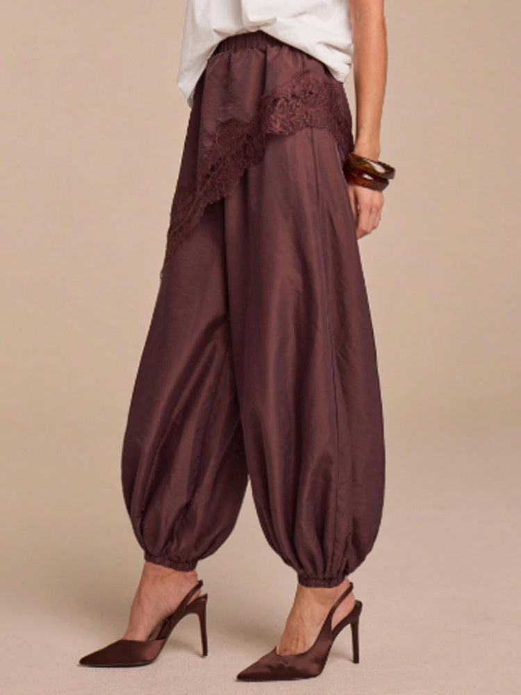 Women's Wide Harem Pants with Elastic Waistband, Gathered Ankles & Lace Applique Mune Fashion