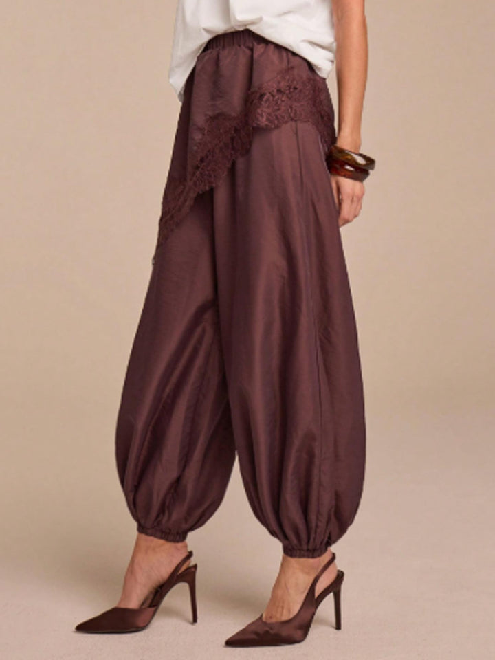 Women's Wide Harem Pants with Elastic Waistband, Gathered Ankles & Lace Applique Mune Fashion