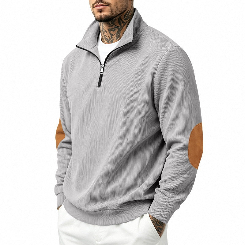 Men's fine knit half-zip sweater with cord structure and contrast elbow patches Mune Fashion