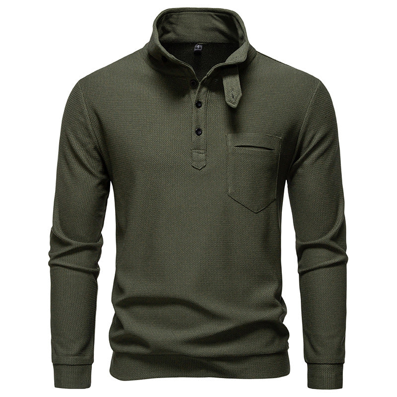 Men's Textured Waffle Knit Henley Shirt with High Collar, Button Placket and Chest Pocket Mune Fashion