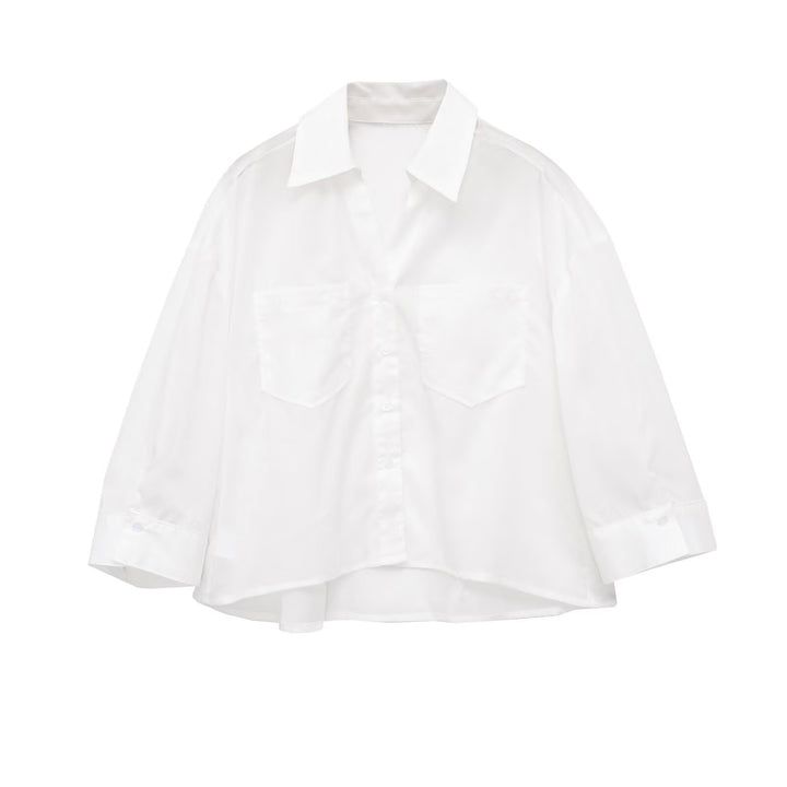 Women Oversized Shirt Blouse with Breast Pockets and Extended Back Hem Mune Fashion