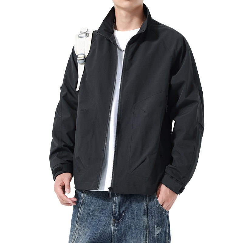 Men's Lightweight Utility Transitional Jacket with Stand Collar, Raglan Sleeves, and Adjustable Velcro Cuffs Mune Fashion