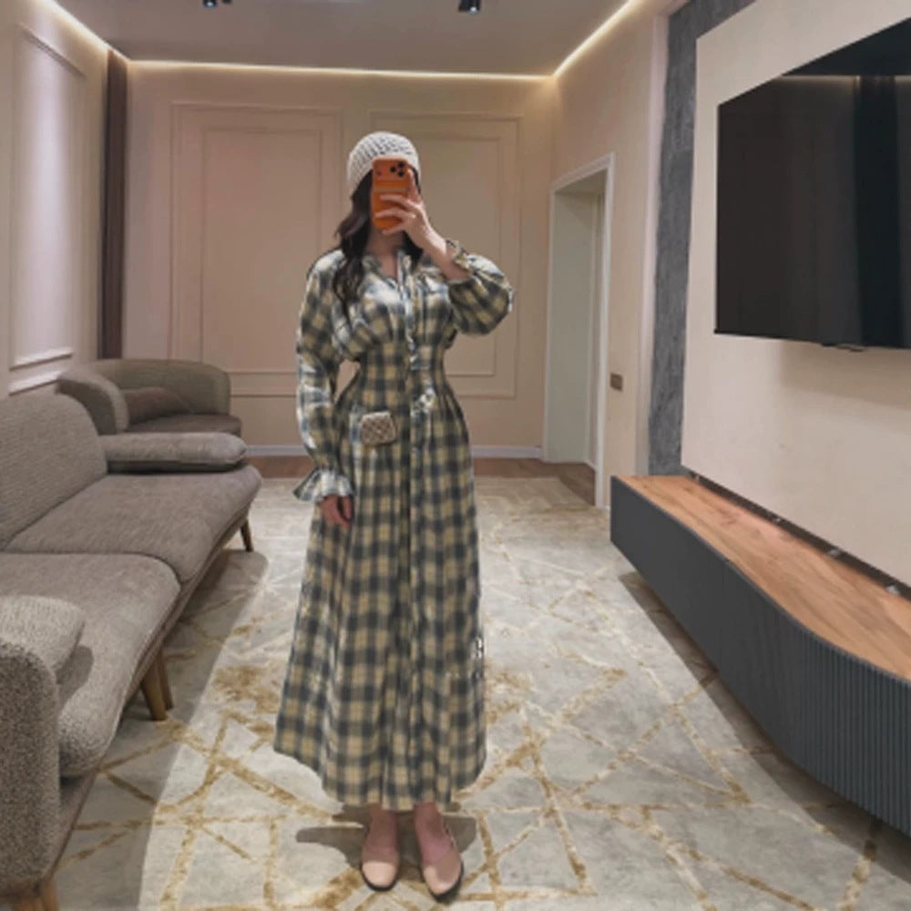 Ladies Max Dress in Checked Button-Up Blouse Style with Waist Belt and Ruffled Cuffs Mune Fashion