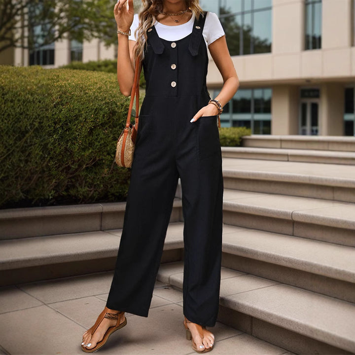 Ladies Soft-Falling Strap Jumpsuit with Wide Leg and Wooden Button Closure Mune Fashion