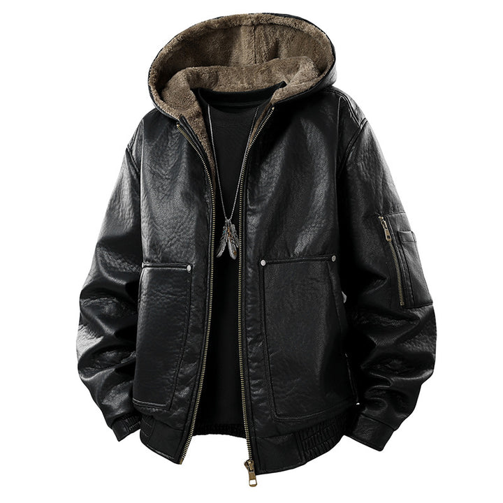 Herren gefütterte Lederoptik-Bomberjacke mit Kapuze und Teddyinnenfutter Mune Fashion