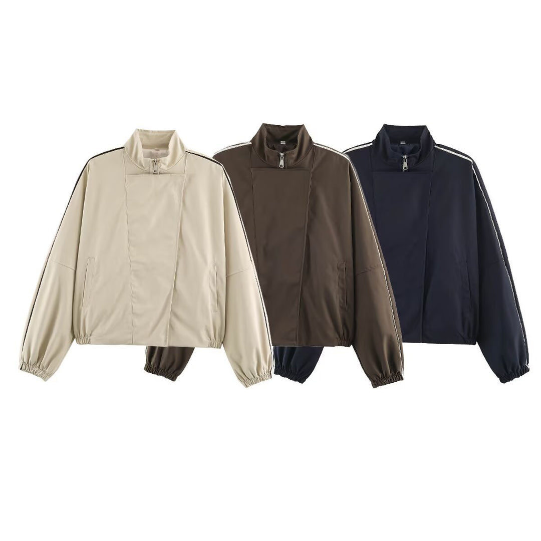 Women's Oversize Bomber Jacket in Blouson Style with High Stand-Up Collar, Concealed Zipper and Contrast Piping Mune Fashion