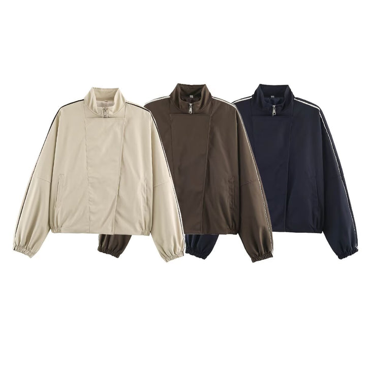 Women's Oversize Bomber Jacket in Blouson Style with High Stand-Up Collar, Concealed Zipper and Contrast Piping Mune Fashion