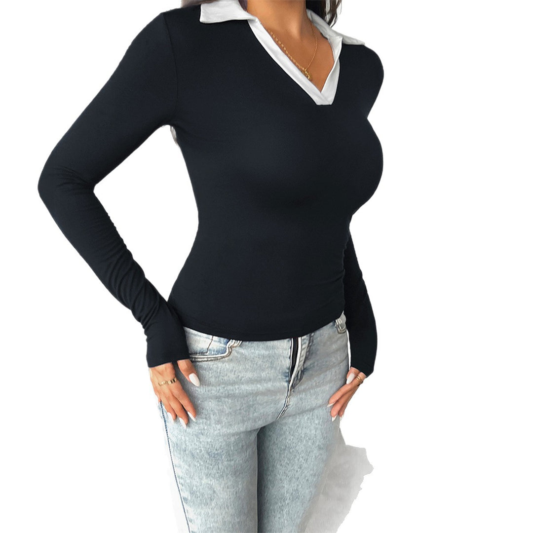 Women's fitted long sleeve with contrast polo collar and deep V-neck Mune Fashion