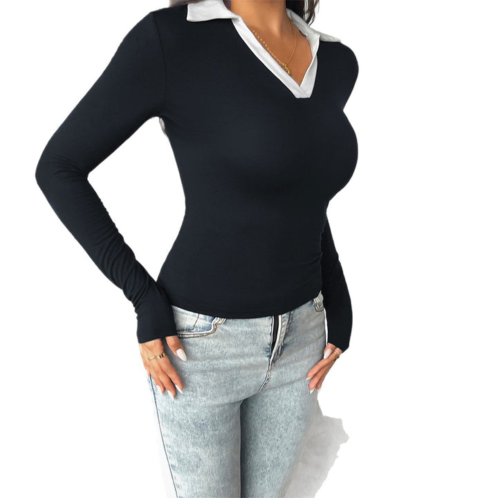 Women's fitted long sleeve with contrast polo collar and deep V-neck Mune Fashion