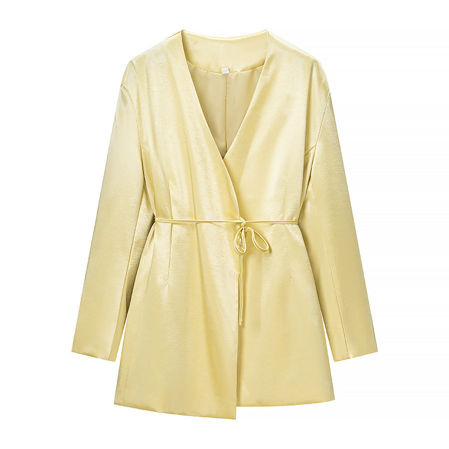 Ladies Two-Piece Satin Ensemble with Wrap Blazer and Wide Pleated Trousers Mune Fashion