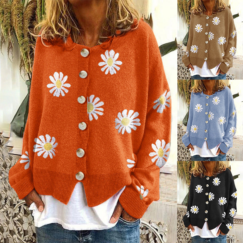 Women's Oversized Knit Cardigan with Button Placket and Daisy Print Mune Fashion
