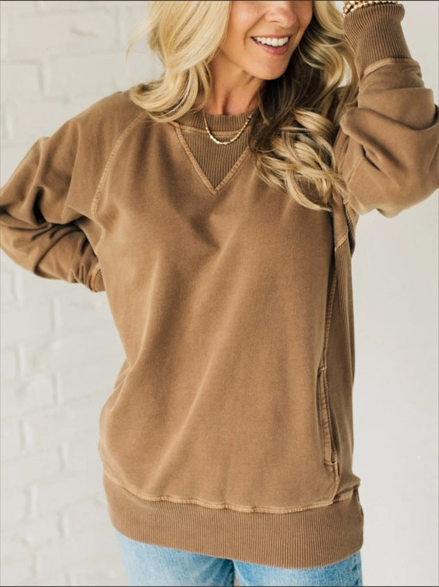 Women's Oversized Cotton Sweatshirt with V-Stitch, Ribbed Cuffs and Side Pockets Mune Fashion