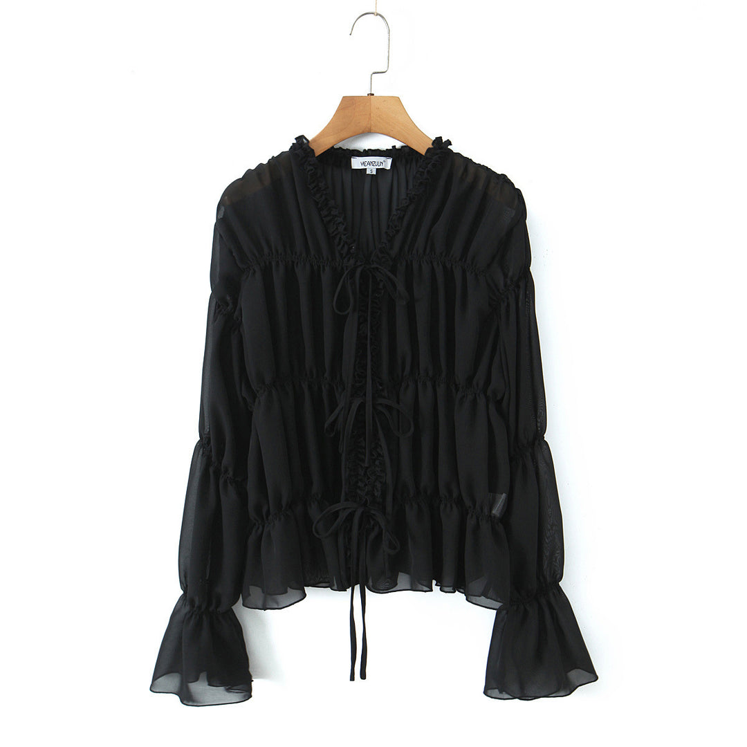 Women's Transparent Chiffon Blouse with Ruffle Ties, Tiered Cut and Waist Gathering Mune Fashion