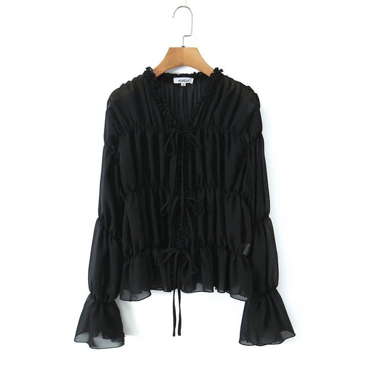 Women's Transparent Chiffon Blouse with Ruffle Ties, Tiered Cut and Waist Gathering Mune Fashion