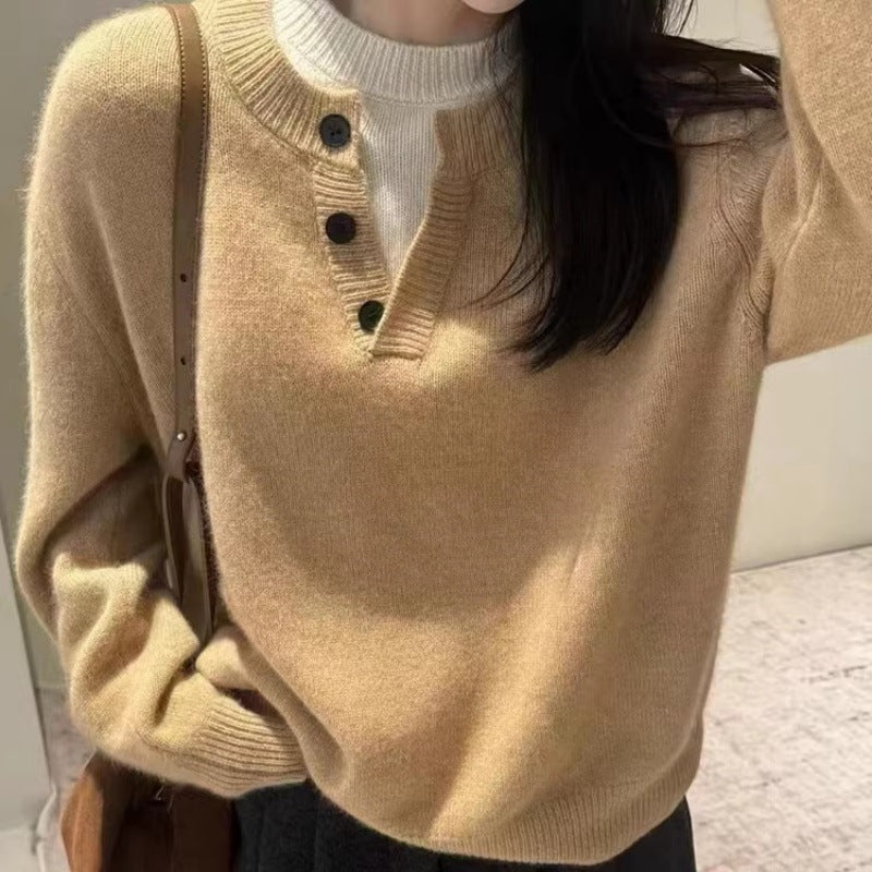 Women's Oversize Henley Sweater made of fluffy Mohair-look with button placket Mune Fashion