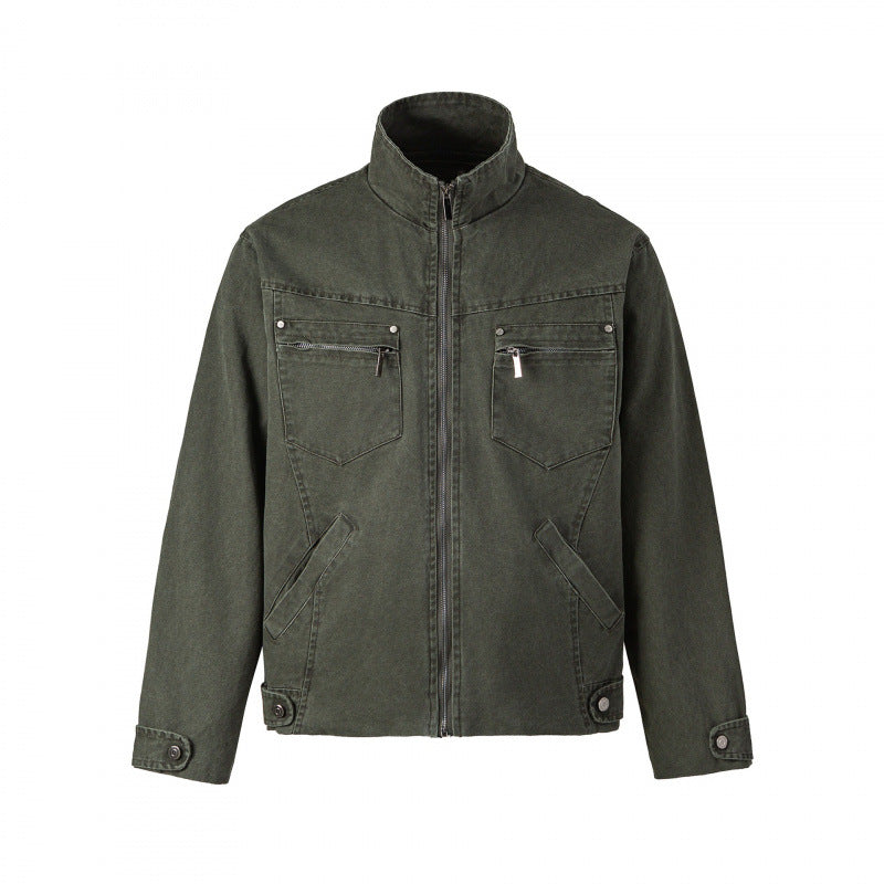 Men's short jacket made of canvas in field style with stand-up collar, zipper and multifunctional pockets Mune Fashion