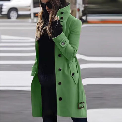 Women's tailored wool blend coat with stand-up collar, flap pockets, and adjustable waistband Mune Fashion